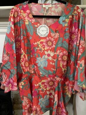 Umgee Floral Peplum Blouse in Coral Pink & Teal 1X NWT